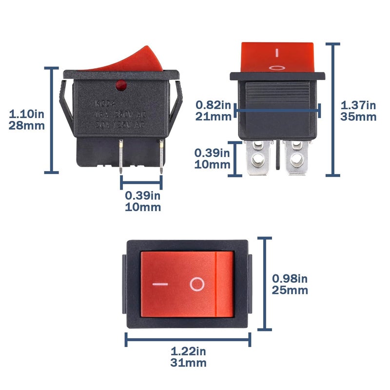 VEXUNGA KCD4 Rocker Switch 20A 125V AC 16A 250V On Off 4 Pin 2 Position Mini Boat Rocker Switch Red Snap DPST Toggle Switches Square for Car Marine Home Appliances (Pack of 6pcs) - Image 2